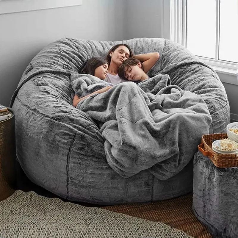 Puf gigante de tela de piel de 7 pies, funda suave y esponjosa de piel sintética, bolso redondo grande, sofá cama perezoso, muebles para sala de estar
