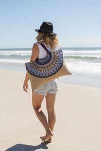 定制印花女式粗麻布皮革手柄防水购物手提包黄麻沙滩包 - Product Image 4