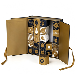 Caja de Regalo de Adviento con 24 Compartimentos, Diseño Navideño Azul Marino, Estampado en Dorado y Cierre de Listón para Dulces, Joyas y Regalos - Product Image 1