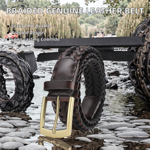Ceinture en cuir de vachette tressé de luxe pour homme, faite à la main, en cuir véritable, avec boucle ardillon en cuivre de 2,8 cm de largeur, vente en gros - Product Image 2