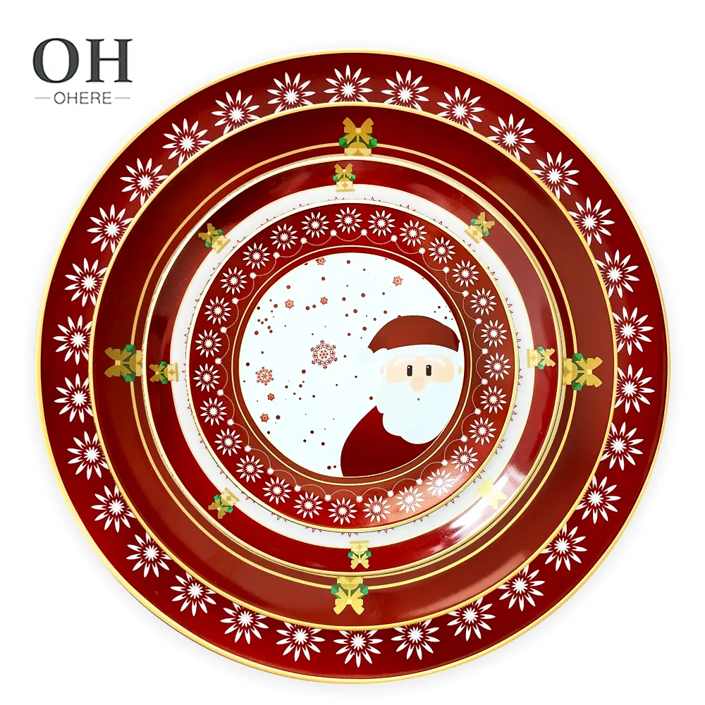 Christmas Festival gift bone china plate sets Santa Claus Christmas tree pattern gold rim ceramic dinnerware set