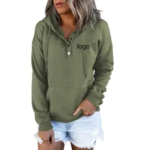 Jersey de cuello de pico personalizado para mujer, sudaderas holgadas con bolsillos, suéter con cordón, Blusa de manga larga con botones, Sudadera con capucha para mujer