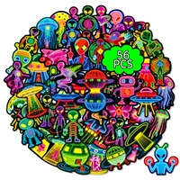 56 autocollants néon de dessins animés extraterrestres et OVNI pour enfants, décoration murale et de bouteilles, autocollants cool de vaisseaux spatiaux