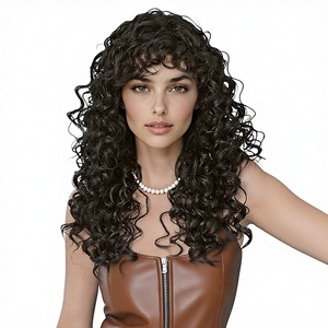 วิกผมลอนยาวแบบเซ็กซี่สำหรับผู้หญิง ผมหยักศกสีดำ หน้าม้าตรง ปิดผมได้ทั้งศีรษะ ทำจากเส้นใยทนความร้อนสูง - Product Image 1