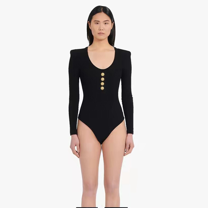 Knitwear Manufacturer Black Round Necked Long Sleeved Ribbed Knit Women's Custom Jumpsuits