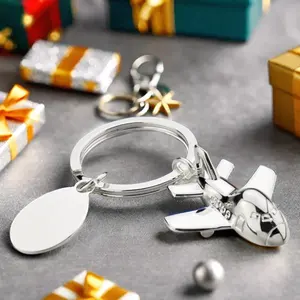 High Quality Silver Plated Metal Airplane Key Chain 3D Plane Key Holder Oval Engraving Plate Key Ring For Promotional Gifts