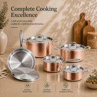 En gros Batterie de cuisine en acier inoxydable martelé cuivré avec couvercles, comprenant Casserole, Faitout, Poêle à frire, compatible induction, OEM