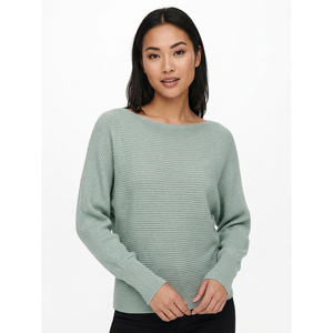 Pull plissé rayé vert menthe pour femme, col bateau, coupe ample, manches longues, tricot côtelé, décontracté, pour l'automne et le quotidien - Product Image 1