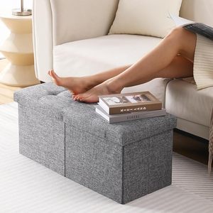 Banc de rangement rectangulaire à rayures longues chaise rembourrée en tissu de lin et pouf de rangement - Product Image 3