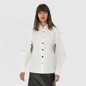 Mode Damen Ausschnitt-Bluse Oberteile lockere Puffärmel Knopfleiste Baumwolle einfarbige weiße Hemden