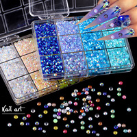 Accesorios Populares para Uñas en 3D, 12 Compartimentos/Caja, Diamantes de Resina con Efecto Agua, Color AB, Base Plana, Productos para Uñas con Forma de Diamante