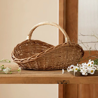 Grand panier de rangement ovale en osier, style pastoral, avec poignées, idéal pour pique-nique, courses ou comme panier à fleurs de Noël