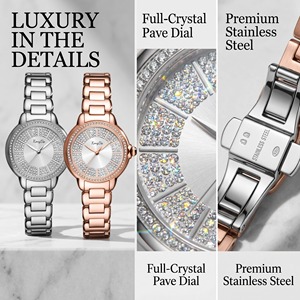 Montre à quartz de luxe pour femmes, personnalisée OEM, avec lunette entièrement sertie de diamants en or rose, bracelet en <span class=keywords><strong>acier</strong></span> inoxydable, logo personnalisé, montre pour femmes - Product Image 4