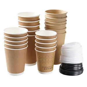 Одноразовые бумажные кофейные чашки с двойными стенками из крафт-бумаги для горячих напитков, бумажная чашка с крышкой