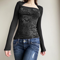T-shirt gothique patchwork à manches longues pour femme, noir, décontracté, streetwear, tricoté, respirant, coupe ajustée, chemisier d'été à superposer, noir foncé