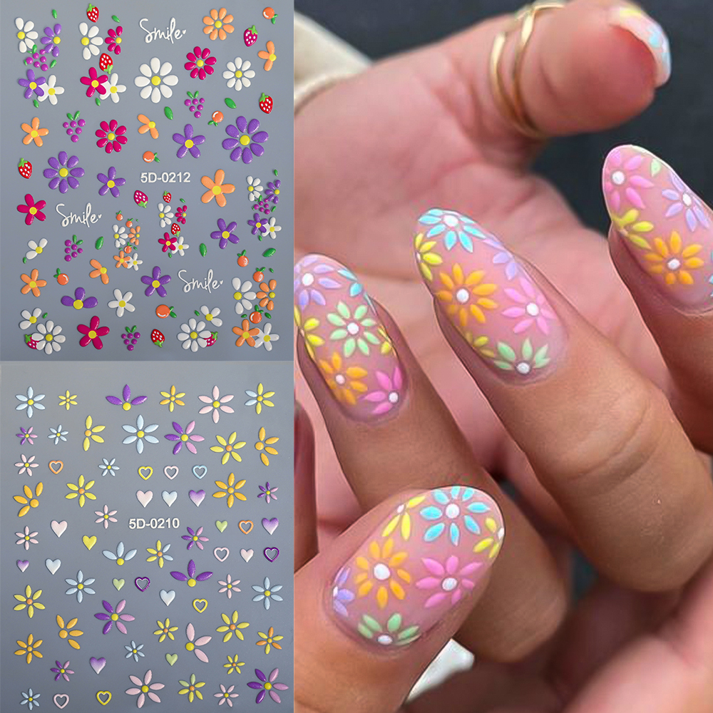 5D Embossed Colorful Daisy Nail Stickers Daisy Florals Petals