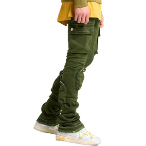 Moda verde Skinny bordi grezzi orlo Multi tasche Cargo impilati Jeans <span class=keywords><strong>pantaloni</strong></span> per uomo - Product Image 3