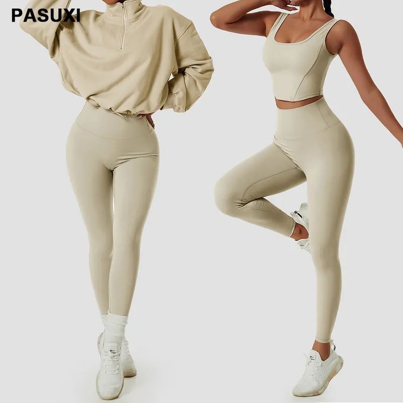 PASUXI 도매 피트니스 의류 3 조각 여성 체육관 요가 착용 세트 운동 원활한 긴 소매 스포츠 정장