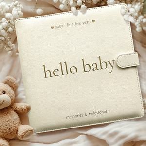 Género Neutral Tamaño A5 Diario de recuerdo Álbum de fotos de tela duradera 'Hello Baby' Letras doradas Papel de diseño de corazón <span class=keywords><strong>para</strong></span> recién nacidos - Product Image 1
