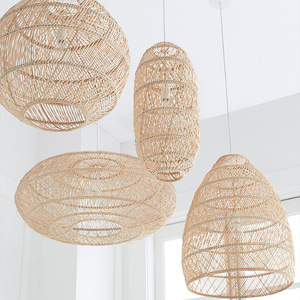 Ensemble de lampes suspendues en rotin, design rond en bois naturel, pour salon, chambre à coucher, restaurant, comptoir de bar, éclairage LED - Product Image 3