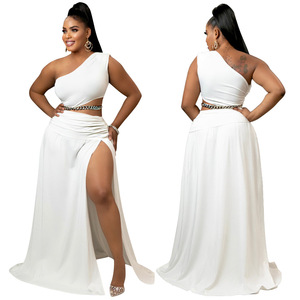 Ropa de mujer Traje de talla grande Color sólido Hombro inclinado Fuera del hombro Sexy Vaina Split Temperament <span class=keywords><strong>Twinset</strong></span> - Product Image 2