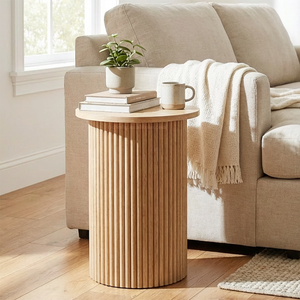 Tavolino <span class=keywords><strong>Rotondo</strong></span> da Divano in Legno Scanalato, Tavolino da Caffè per Soggiorno, Comodino - Product Image 1