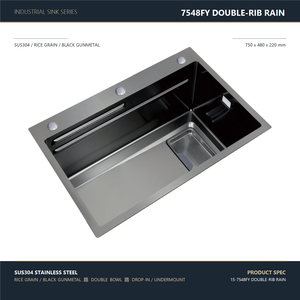 Évier de cuisine professionnel 750x480mm en acier inoxydable 304 noir canon de fusil grain de riz double nervure, avec robinet cascade - Product Image 1