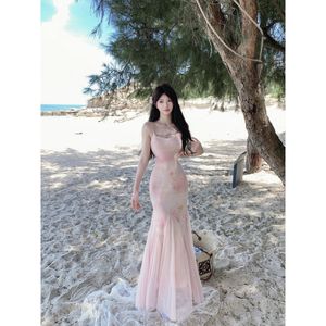 French Style Lazy Beach Vacation Pink Tie Dye Sundress Women Summer Long Dress Breathable Casual Cover Up - Product Image 2