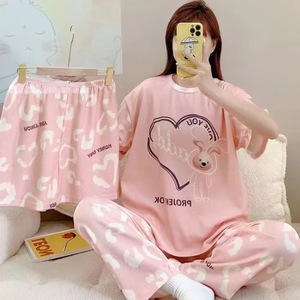 Ensemble pyjama d'été 3 pièces pour <span class=keywords><strong>femme</strong></span> Yicheng Factory : haut à manches courtes, short et pantalon long, motif dessin animé - Product Image 3