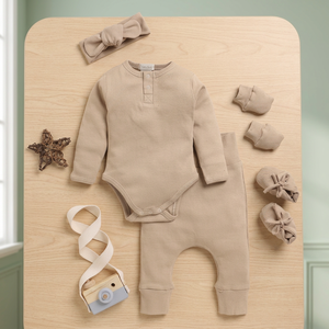 Ensembles de vêtements pour bébé en bambou biologique de qualité supérieure avec élasthanne, lot de 5, incluant bandeau Latte, couette et bonbons, fabriqués en Inde - Product Image 3