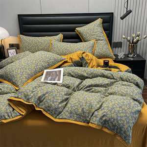 Parure de lit double couche en coton lavé et lin, imprimé floral, housse de couette et draps, usage domestique, respirante, produit de première qualité - Product Image 3