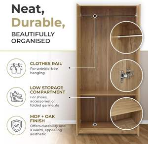 Armoire moderne en bois 2 portes 176X80X52 <span class=keywords><strong>cm</strong></span> avec 1 tringle à vêtements et 1 étagère inférieure Aspect chêne - Product Image 3