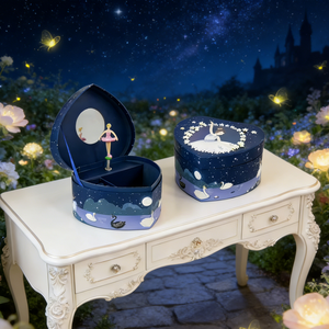 Caja Musical de Papel con Forma de Corazón y Manivela, Color Azul Marino con Diseño de Noche Estrellada, para Guardar Joyas, Regalo de San Valentín para Chicas - Product Image 5