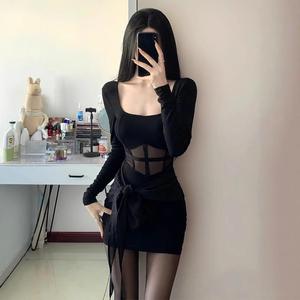 Mesh Bodycon Dress For Women Black Stretch Sheer Solid Color Autumn Winter Wear - Product Image 3