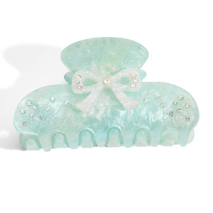 Shark Clip Hair Clip Acetate Board Blue With White Bow And Rhinestones For Women Daily Use - Product Image 5
