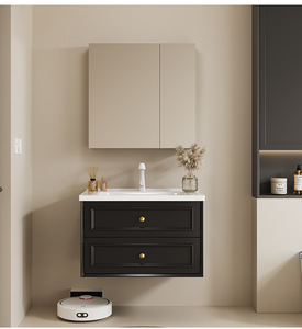 Wall Mounted Floating Fluted Vanity With Drawers, Modern 30 Inch <b>Bathroom</b> Vanity <b>Cabinet</b> With Ceramic Sink - <b>Walnut</b> - Product Image 1