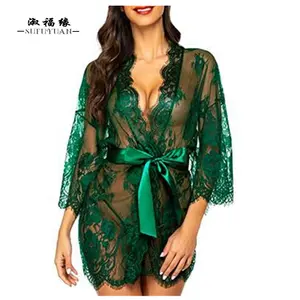 SFY2304-traje de dormitorio para mujer, bata de encaje transparente, kimono sexy de color sólido, lencería