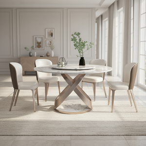 Tavolo da Pranzo Rotondo Bianco Lucido con Gambe in Acciaio al Carbonio e 6 Sedie, Arredamento per Cucina e Sala da Pranzo - Product Image 5