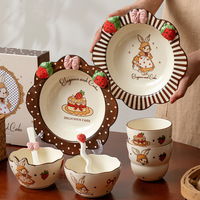 Vente en gros d'usine Ensemble d'assiettes bol en céramique lapin Vaisselle couleur sous glaçure Ensemble de vaisselle en céramique de haute qualité