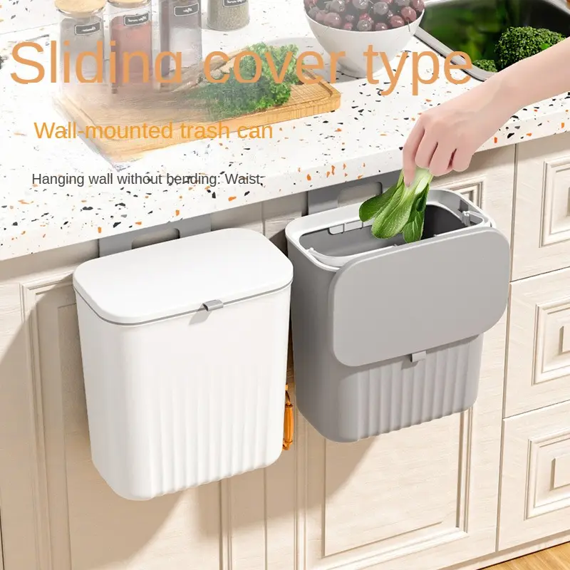 Waterproof PP 9L Wall Mounted Waste Bin Slide Open Kitchen Hanging Trash Can Bin with Lid Sustainable Kitchen Cabinet Cover 647g