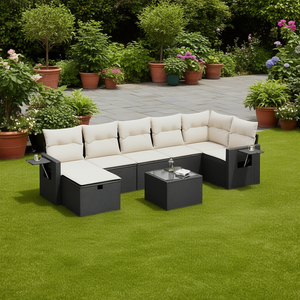 Ensemble de canapés de jardin en rotin noir avec structure en acier thermolaqué et verre trempé, mobilier d'extérieur contemporain pour jardin - Product Image 2