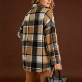 Olive Brown Plaid Shirt Jacket for Women - Casual Long Sleeve Button Down Lapel Coat - Loose Fit Outerwear for Fall & Winter - Product Image 6