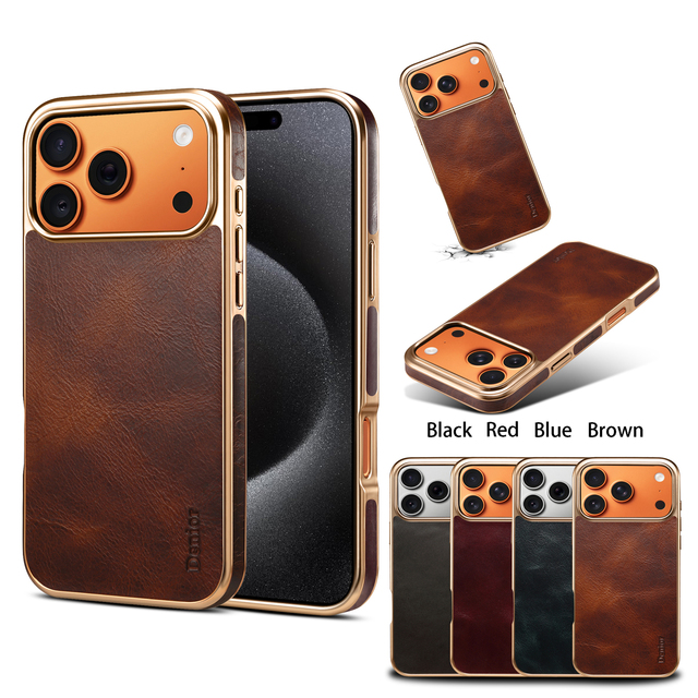 Denior Business Genuine Leather Electroplated Phone Case, Wireless Charging Compatible, Fits Apple 17/16/15/14/13/12 Series
