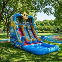 Toboggan aquatique gonflable commercial double piste, thème palmier et cocotier, avec piscine bleue, pour jardin et cour arrière