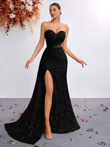 Elegant <b>Sequined</b> Mermaid Evening Dress Sweetheart Neck Sleeveless Floor-Length Slit Sweep Train Sheer Layer Formal Gown - Product Image 2