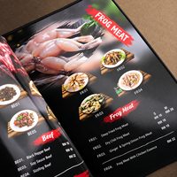 Menu personnalisé en cuir PU gaufré, reliure à vis, pages de menu imprimées en couleur pour restaurant de fruits de mer
