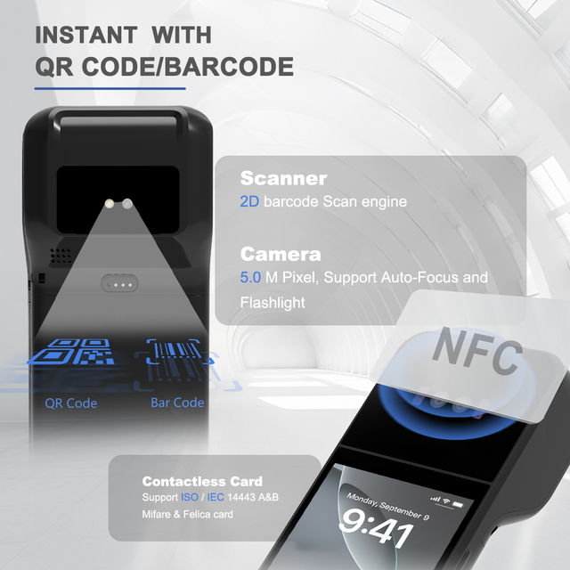 Built-in 1D/2D infrared barcode scanner, 5-15cm scanning distance, accurate reading even in low-light or dark environments.