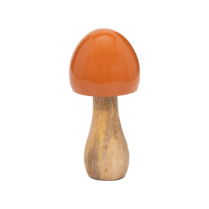 Scultura a forma di fungo in legno di mango con cappuccio arancione e gambo naturale, pezzo decorativo per la casa - Product Image 2