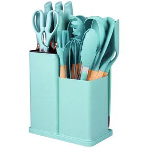 19 pièces accessoires d'ustensiles de cuisine couteau spatule antiadhésif ensemble d'ustensiles de cuisine en silicone avec manche en bois