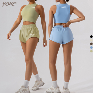 Yoke Custom Breathable Gym Yoga Set Clothing High Neckline Top Waist Folds Shorts Fitness Sportswear Yoga Set